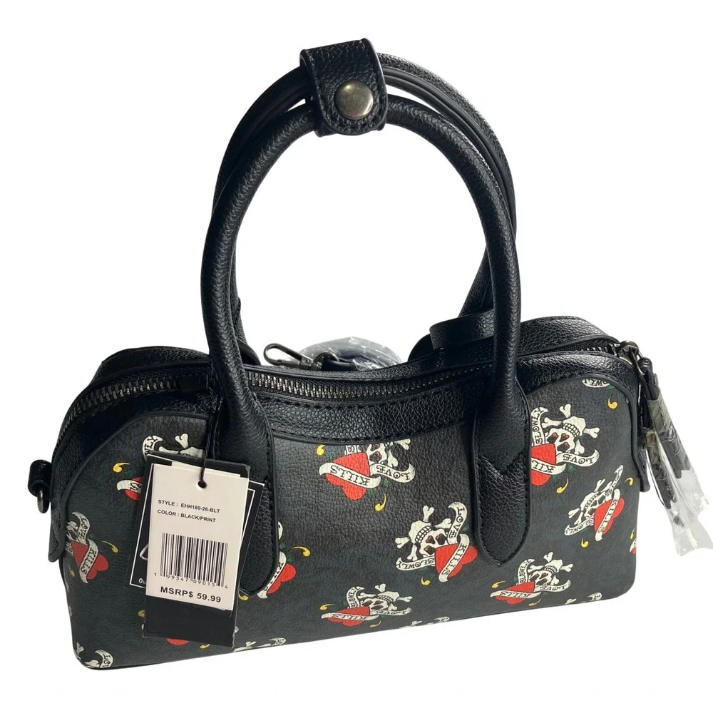 Ed Hardy Skull Heart Tattoo Print‎ Satchel Crossbody Bag Black